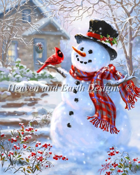 Snowman and Feathered Friend - Click Image to Close
